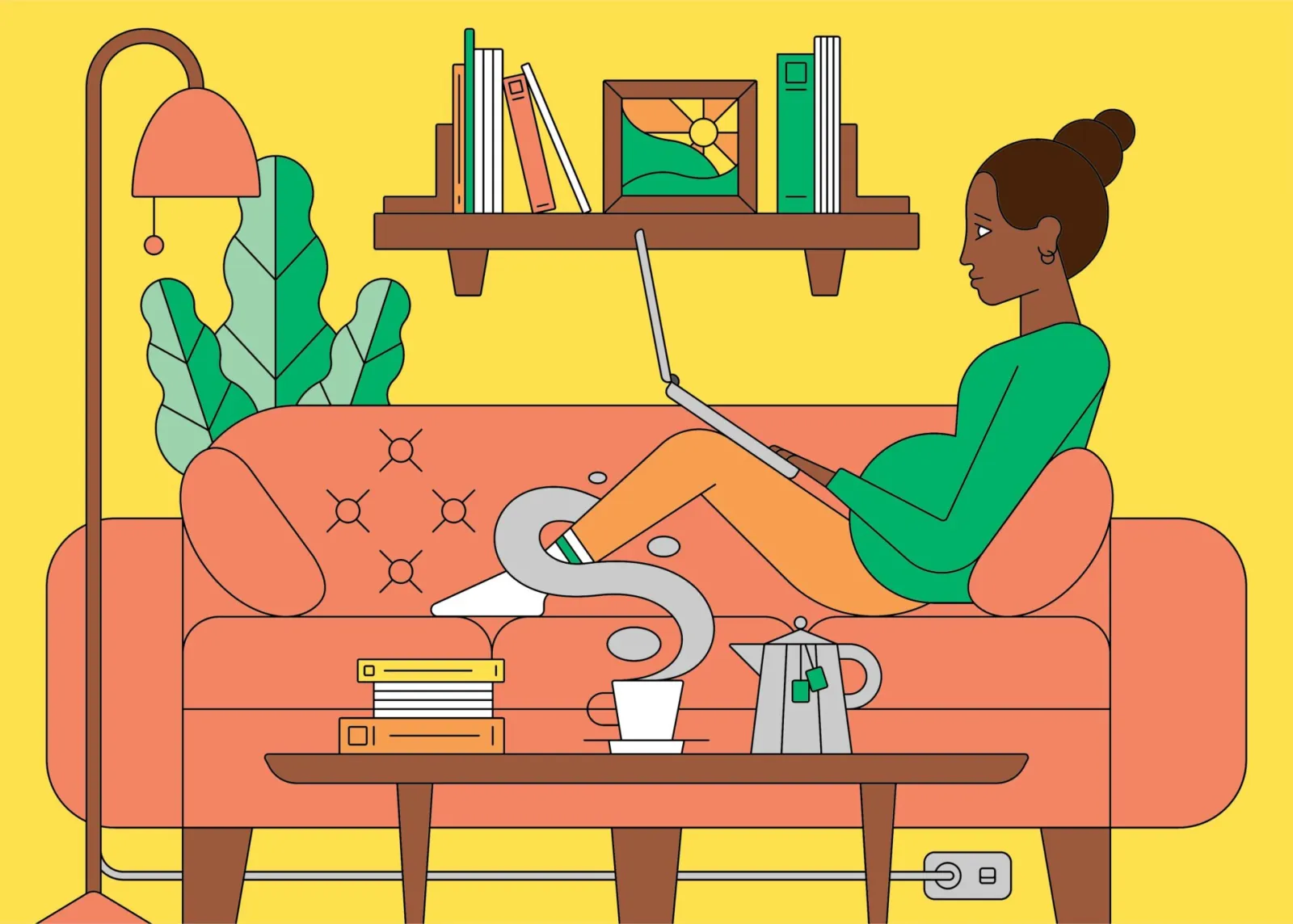 Illustration of a woman relaxing on a sofa with a laptop and her cat in a sunlit living room