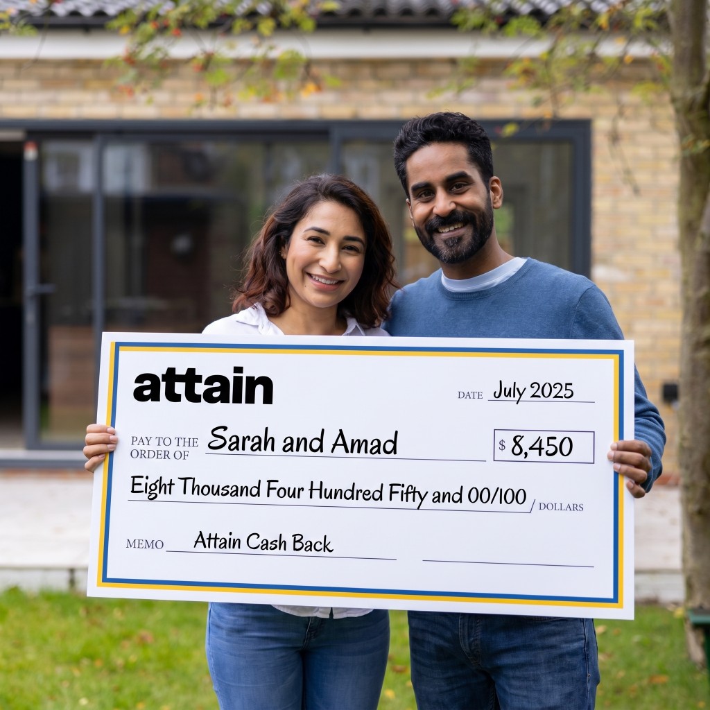 Couple holding an Attain Cash Back check after closing on their home